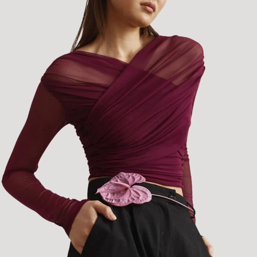 Nuana | Damen Frühlings Transparentes Wickel-Oberteil mit Langarm