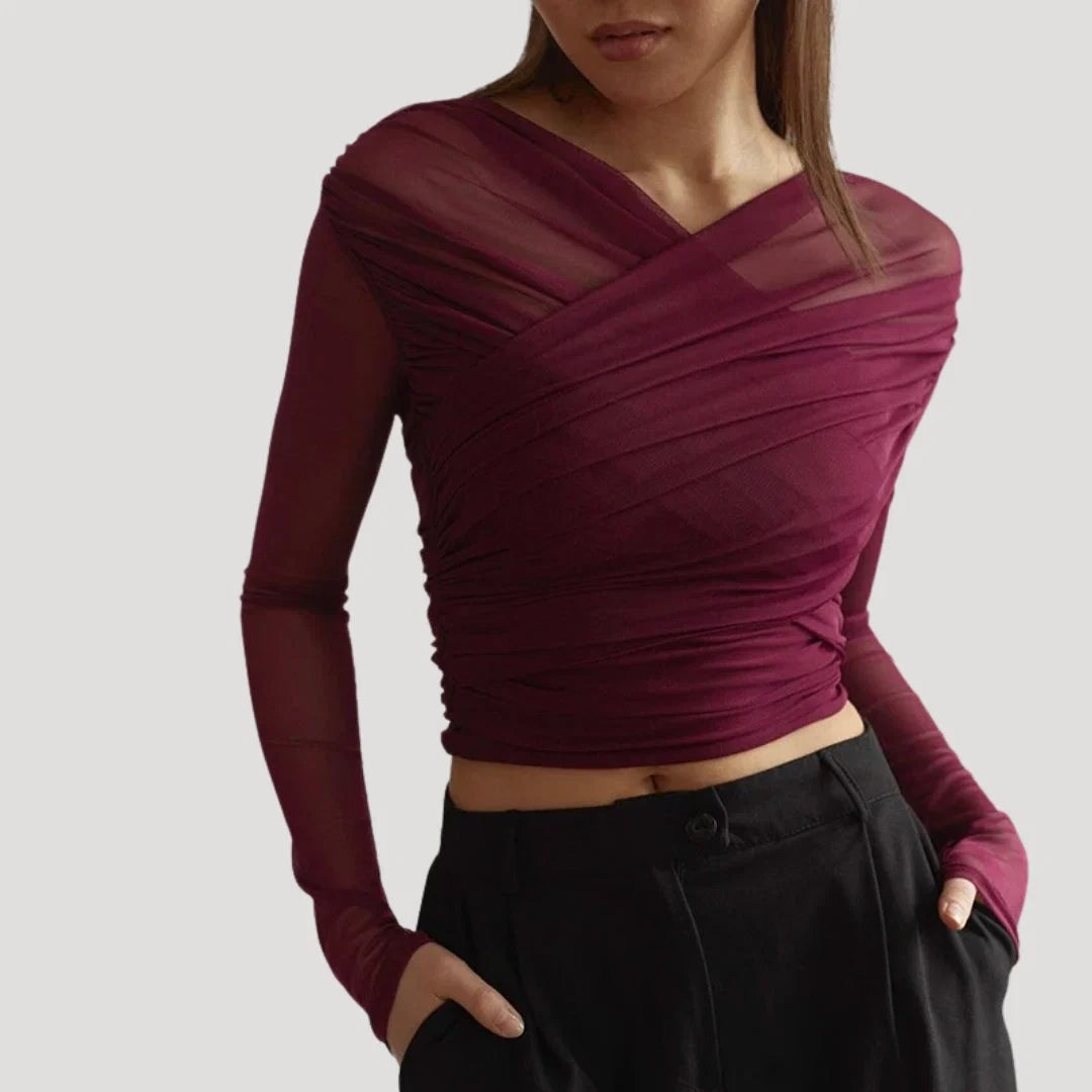 Nuana | Damen Frühlings Transparentes Wickel-Oberteil mit Langarm