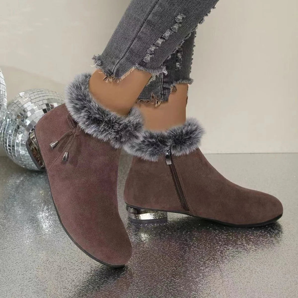 Nuana | Damen Gefütterte Wildleder Ankle Boots mit Kunstfell-Abschluss