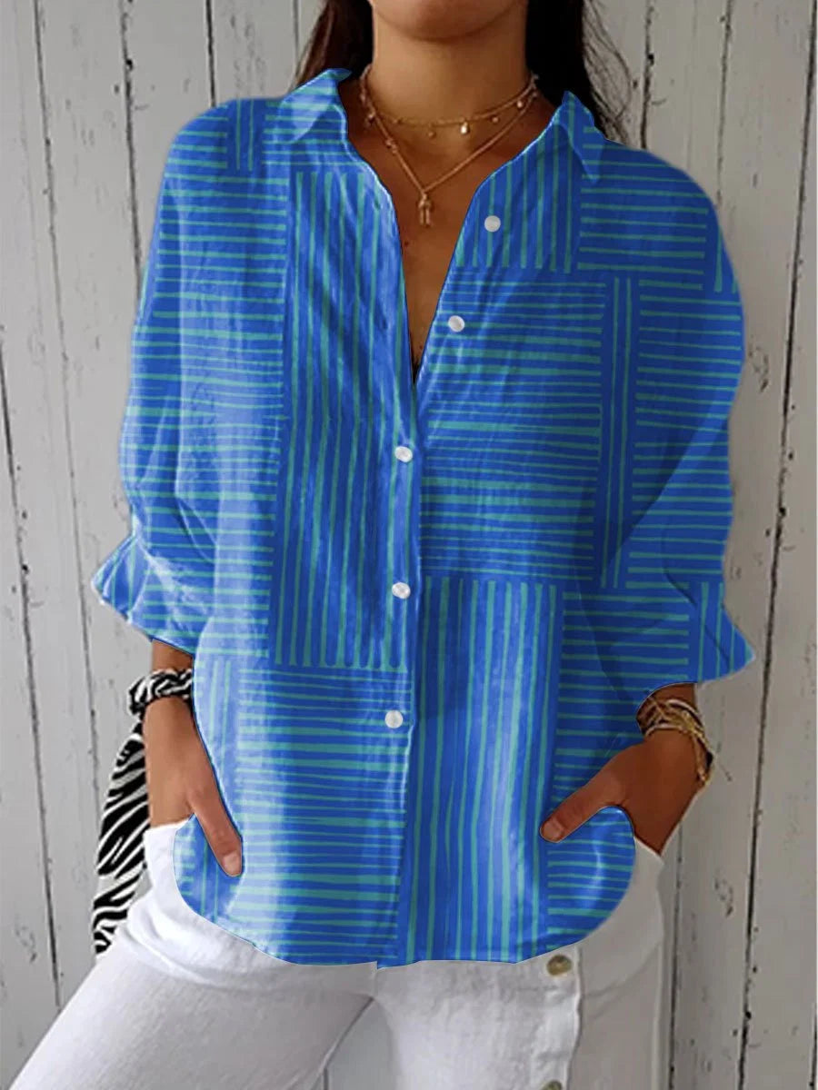 Nuana | Damen Geometrische Streifen Langarm V-Ausschnitt Bluse