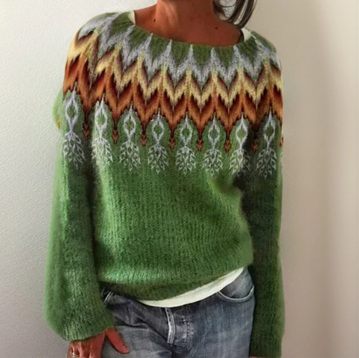 Nuana | Damen Geometrischer Fair-Isle Knit Sweater Rundhals