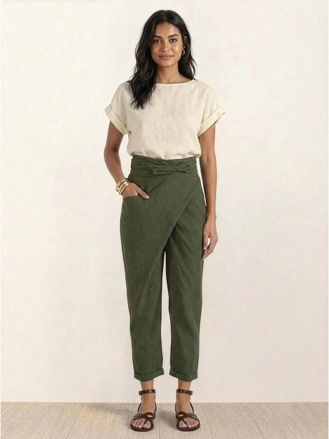 Nuana | Damen Highwaist Wickelhose Cropped Tapered Schleifenbund