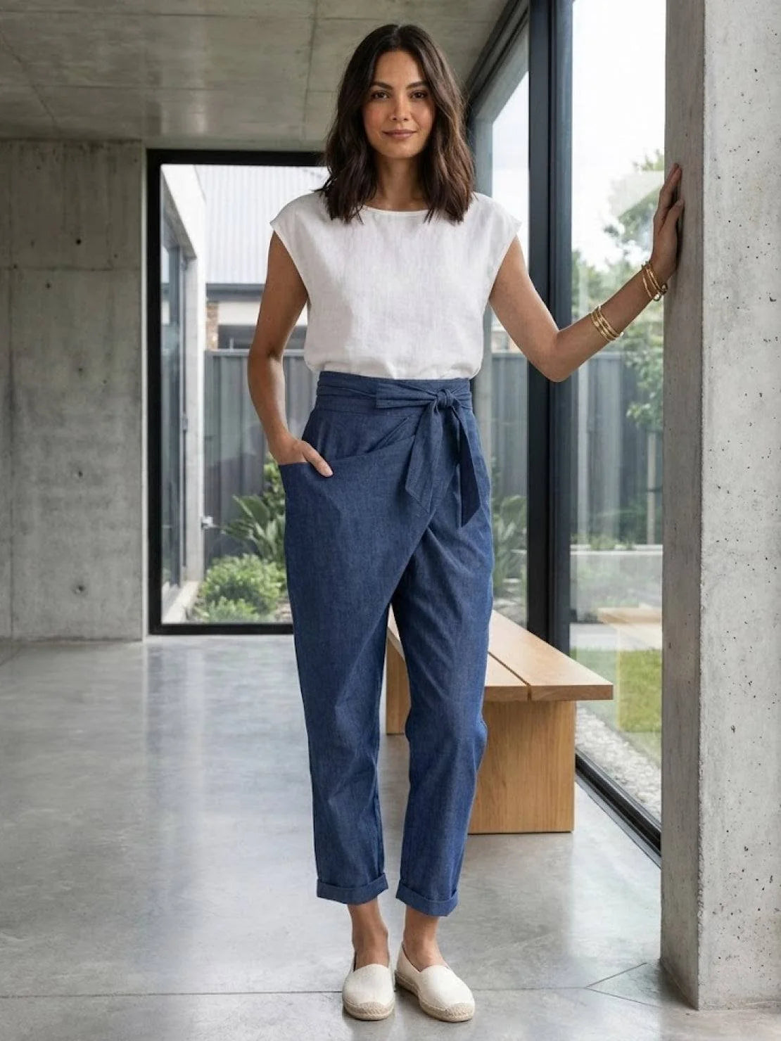 Nuana | Damen Highwaist Wickelhose Cropped Tapered Schleifenbund