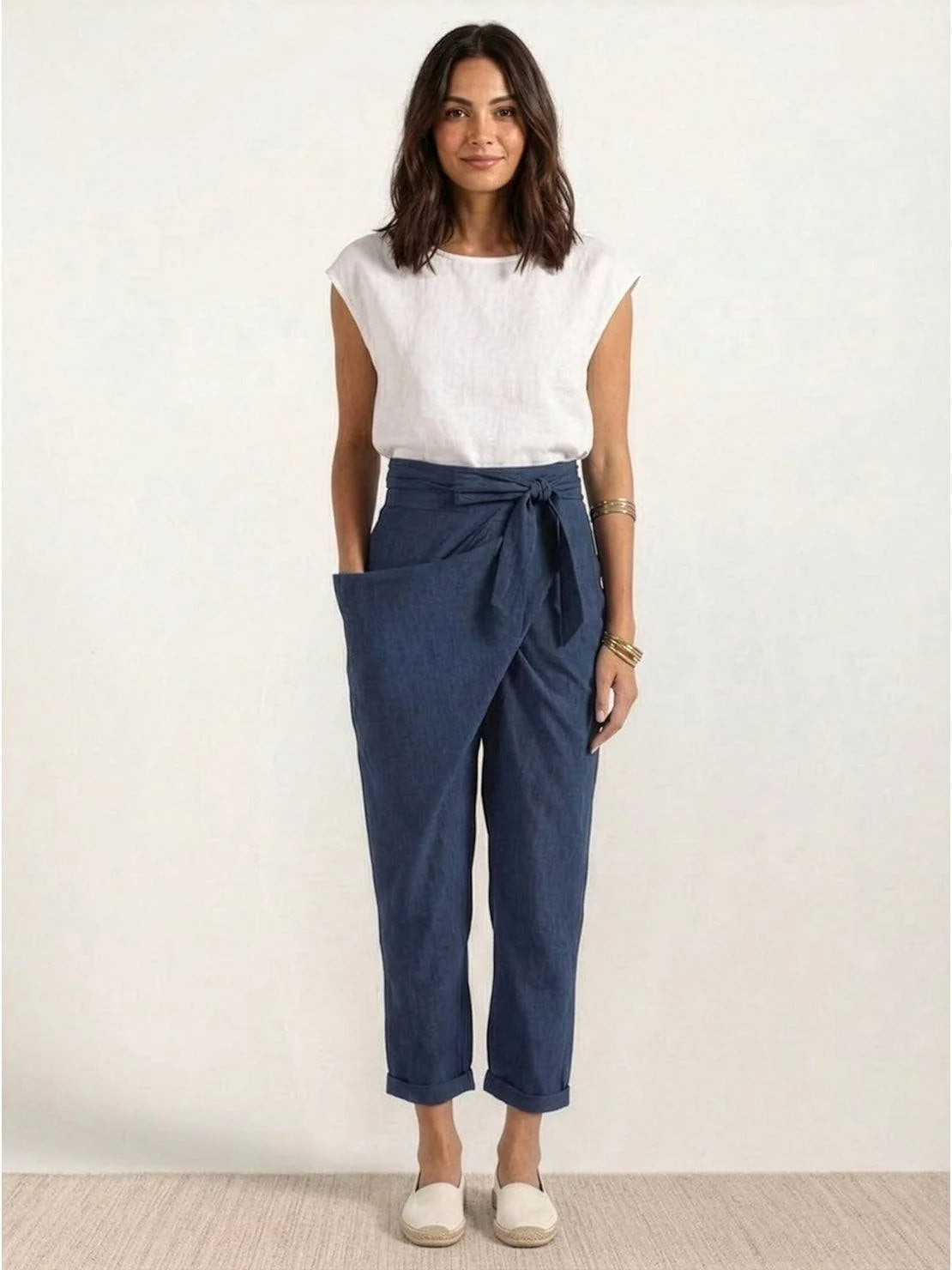 Nuana | Damen Highwaist Wickelhose Cropped Tapered Schleifenbund