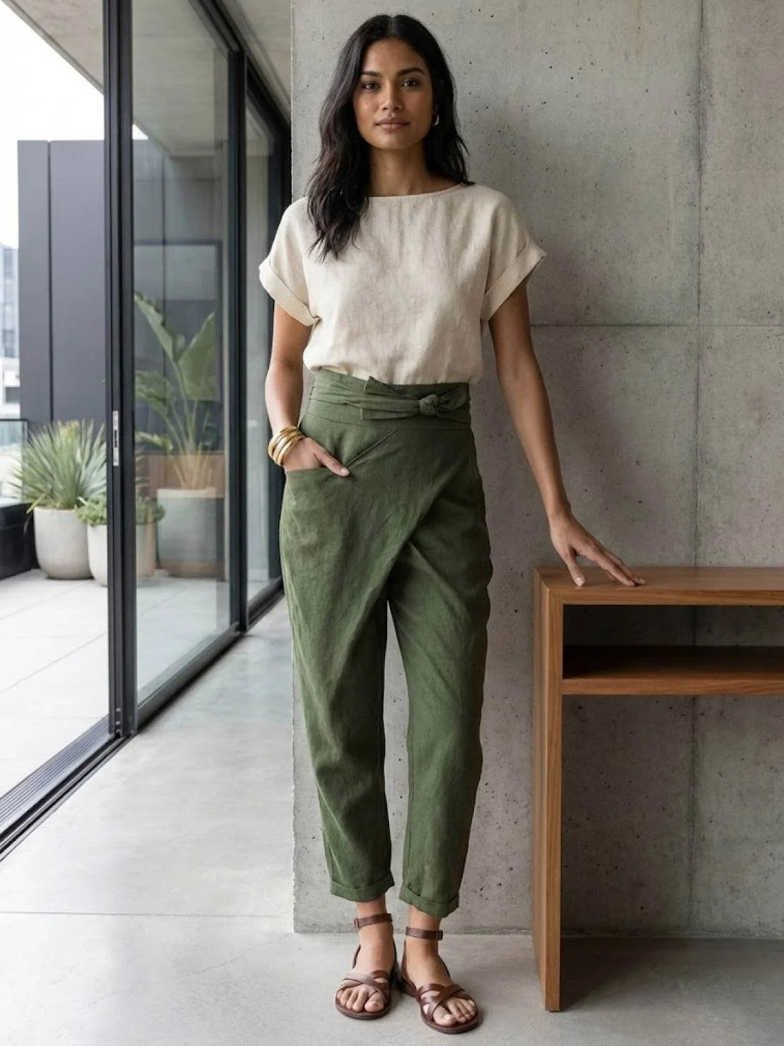 Nuana | Damen Highwaist Wickelhose Cropped Tapered Schleifenbund