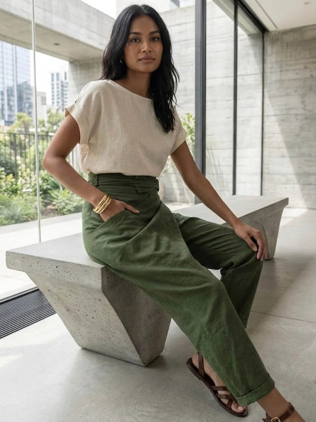 Nuana | Damen Highwaist Wickelhose Cropped Tapered Schleifenbund