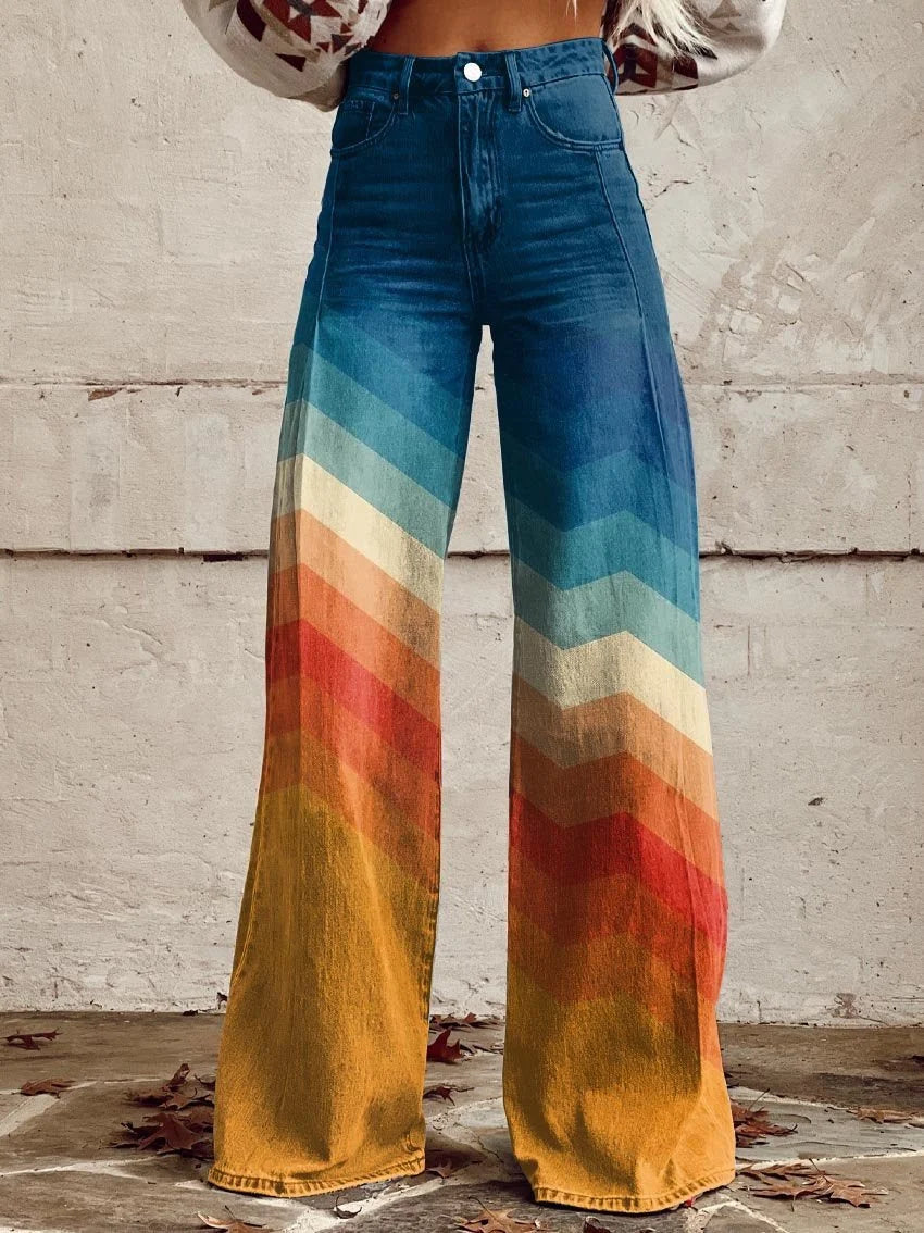 Nuana | Damen Hochbund Wide-Leg Jeans Chevron Farbverlauf Retro