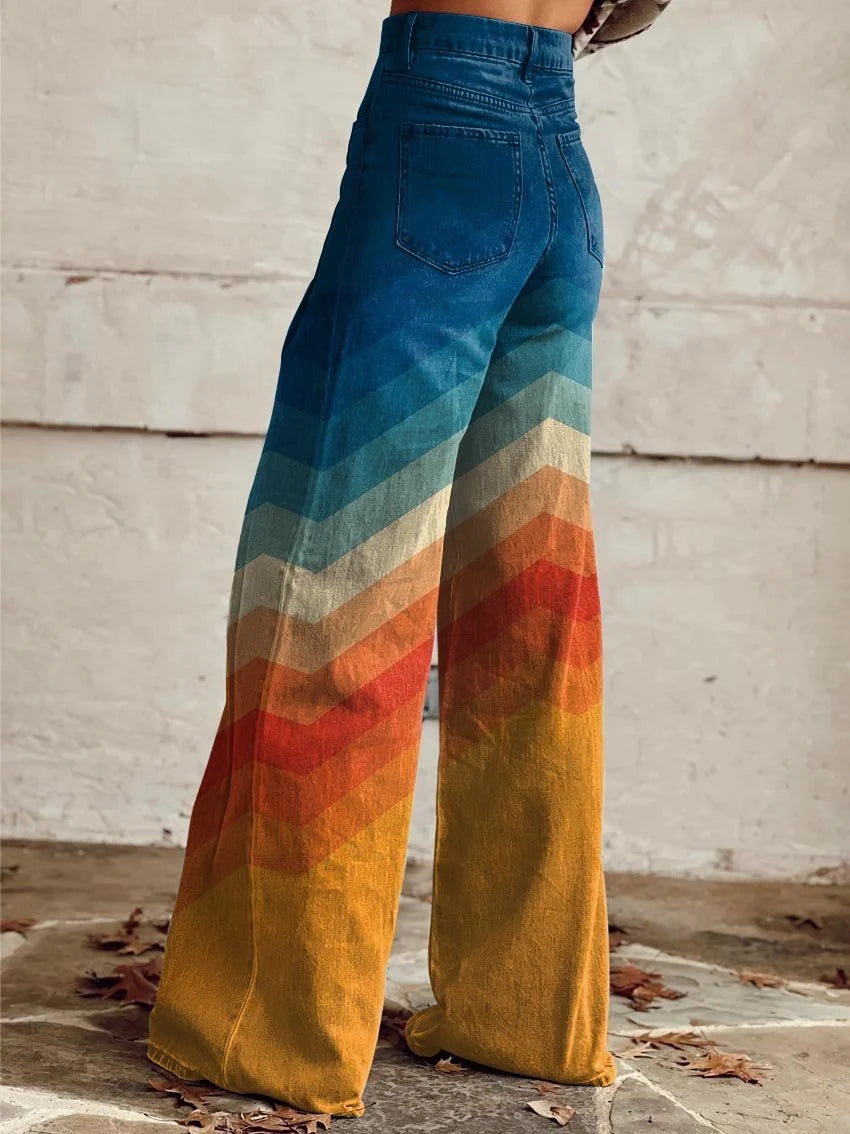 Nuana | Damen Hochbund Wide-Leg Jeans Chevron Farbverlauf Retro