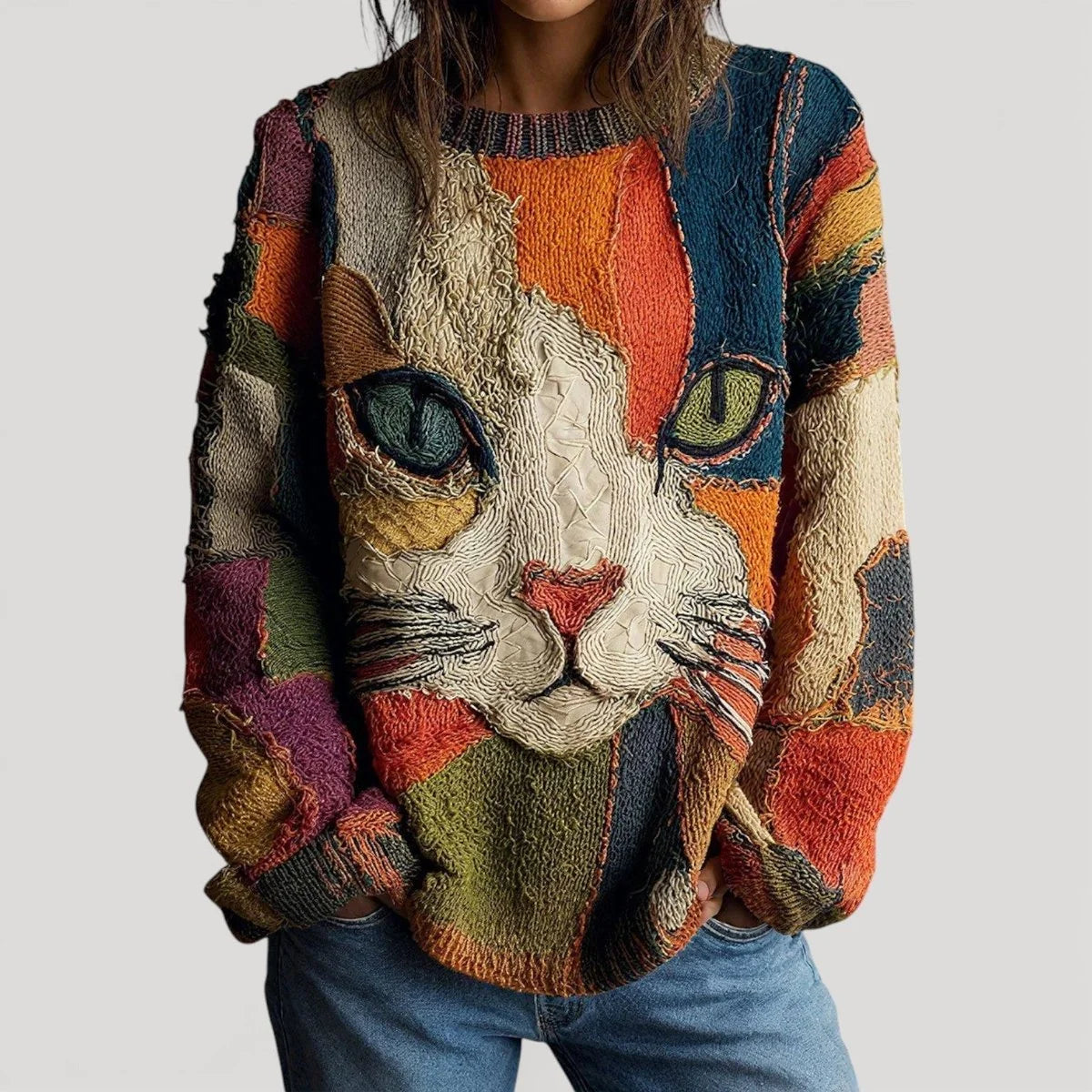 Nuana | Damen Katzen-Motiv Bunter Strickpullover Rundhals Relaxed Fit