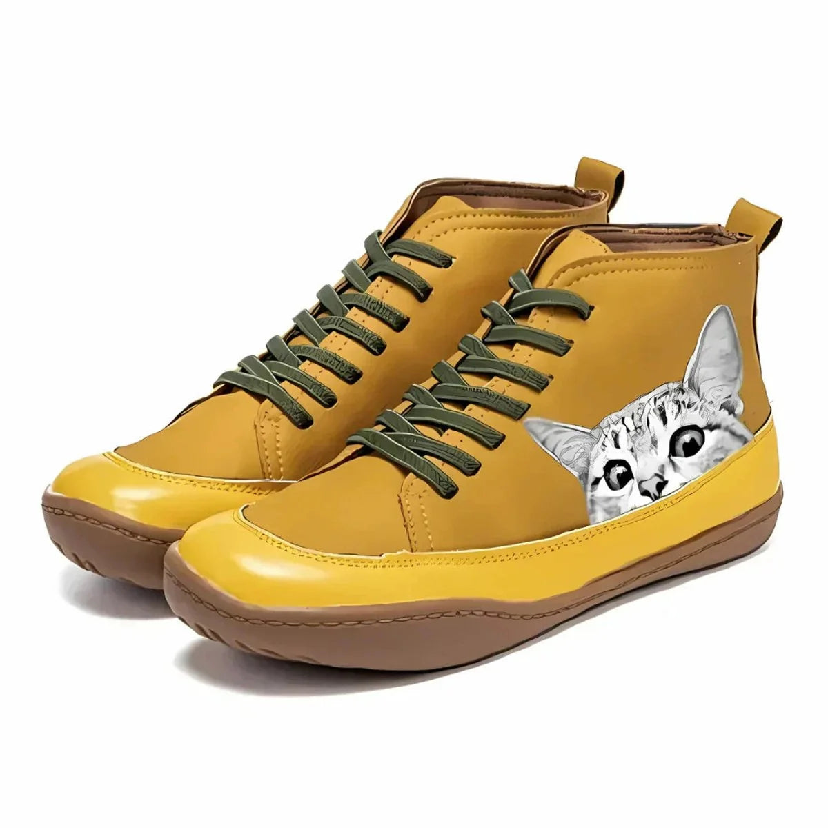 Nuana | Damen Katzenmotiv Schnürsenkel Leder Ankle Boots