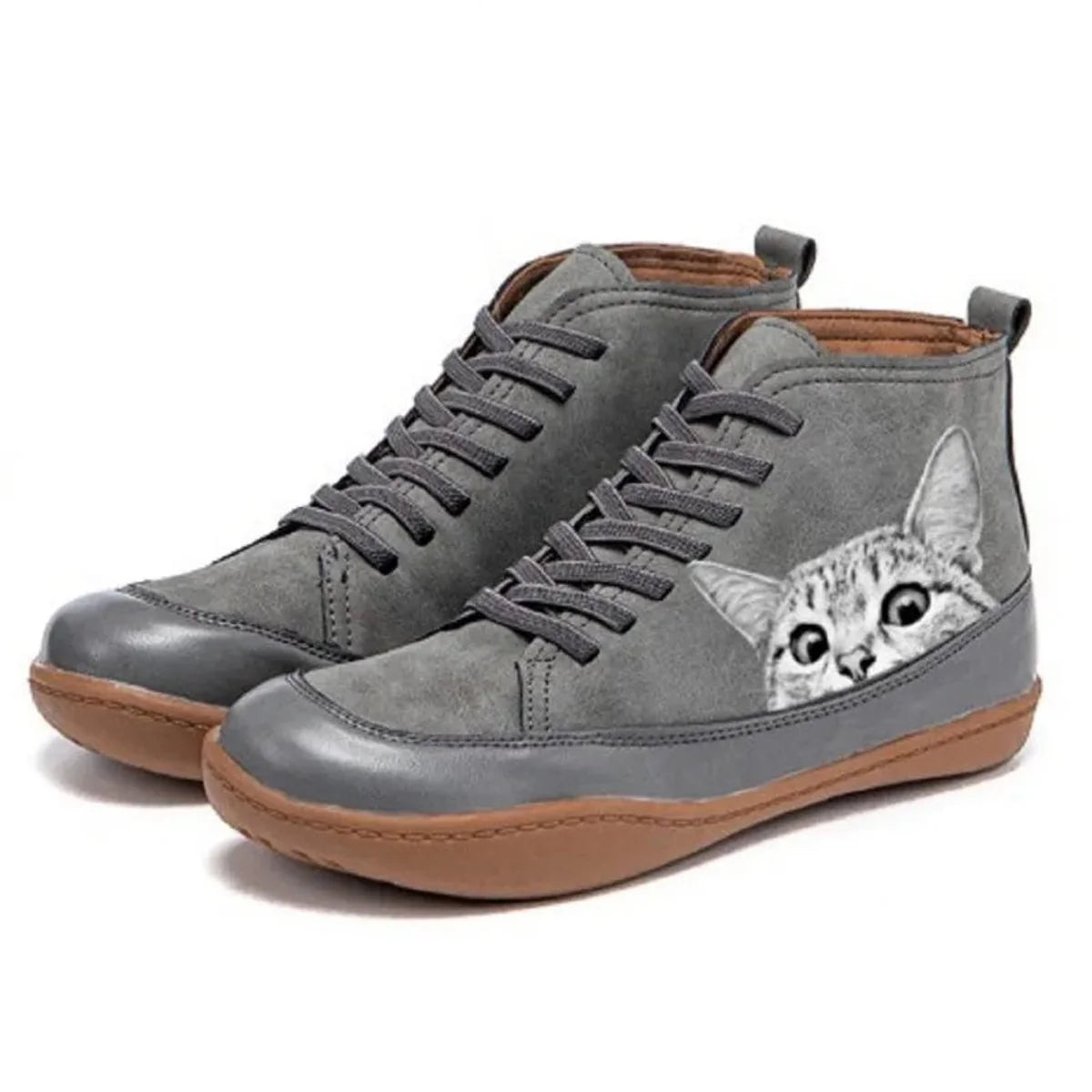 Nuana | Damen Katzenmotiv Schnürsenkel Leder Ankle Boots