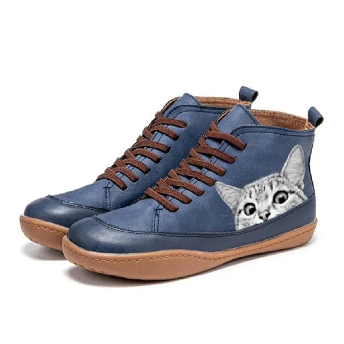 Nuana | Damen Katzenmotiv Schnürsenkel Leder Ankle Boots