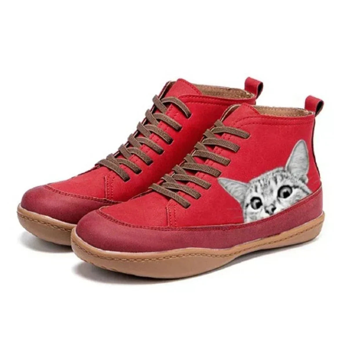 Nuana | Damen Katzenmotiv Schnürsenkel Leder Ankle Boots
