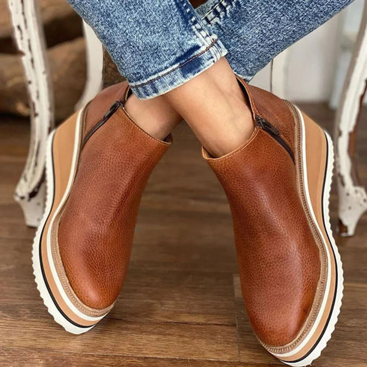 Nuana | Damen Keilabsatz Ankle Boots mit Plateau und Reißverschluss