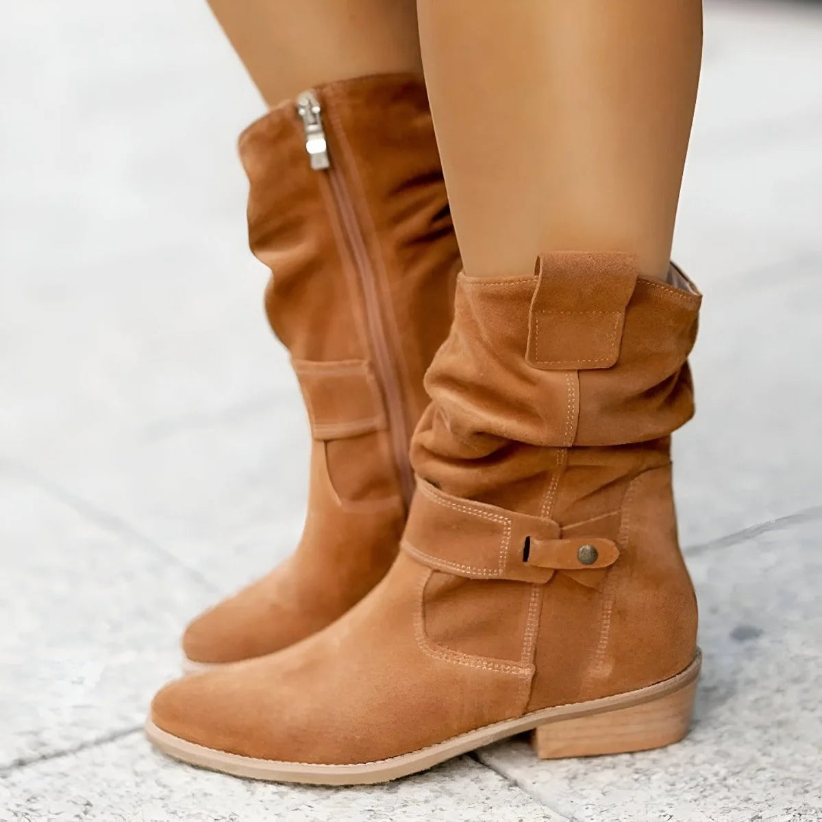 Nuana | Damen Knee High Boots Wildlederimitat Schlupfstiefel mit Blockabsatz