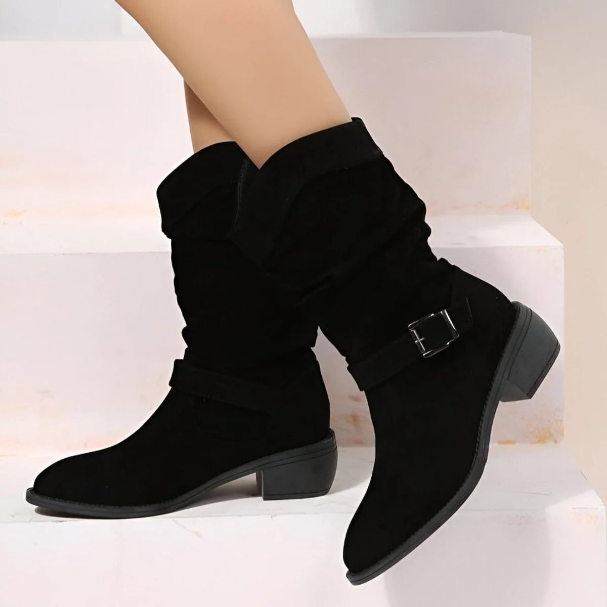 Nuana | Damen Knee High Boots Wildlederimitat Schlupfstiefel mit Blockabsatz
