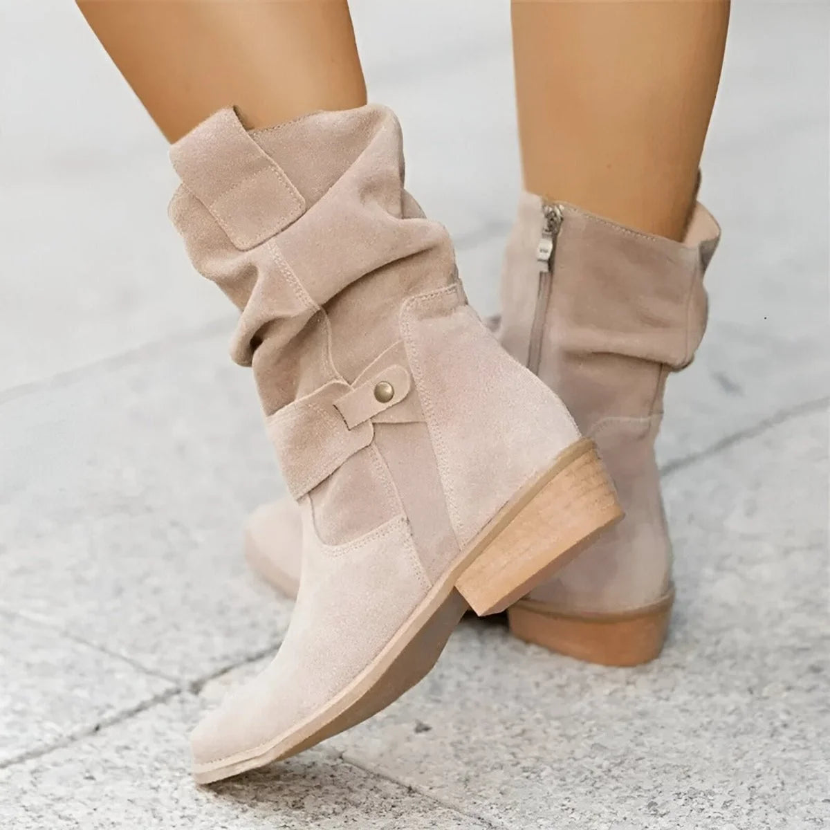 Nuana | Damen Knee High Boots Wildlederimitat Schlupfstiefel mit Blockabsatz