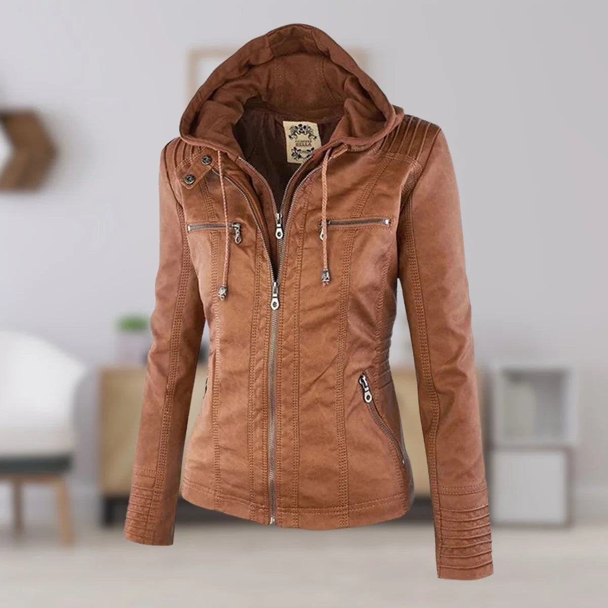 Nuana | Damen Kunstleder Kapuzenjacke mit Reißverschluss Taillierter Women Coat