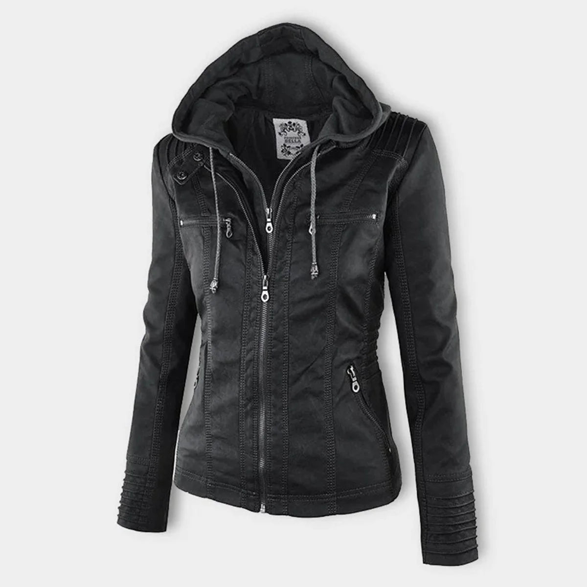 Nuana | Damen Kunstleder Kapuzenjacke mit Reißverschluss Taillierter Women Coat