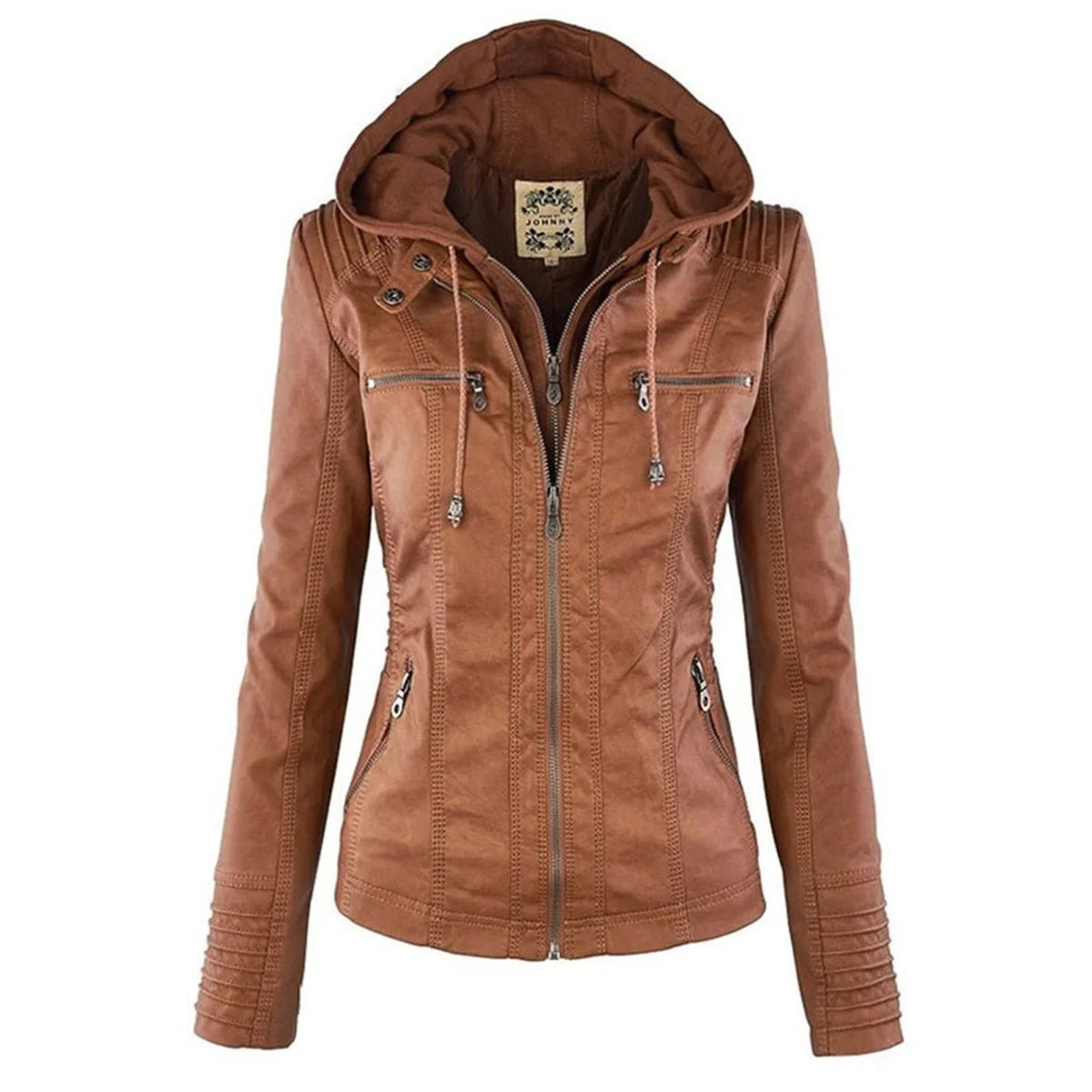 Nuana | Damen Kunstleder Kapuzenjacke mit Reißverschluss Taillierter Women Coat
