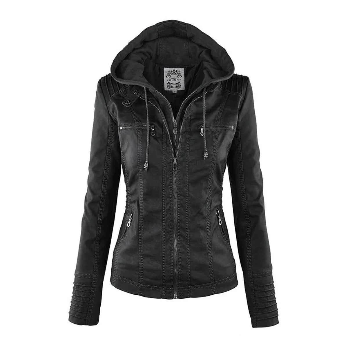 Nuana | Damen Kunstleder Kapuzenjacke mit Reißverschluss Taillierter Women Coat