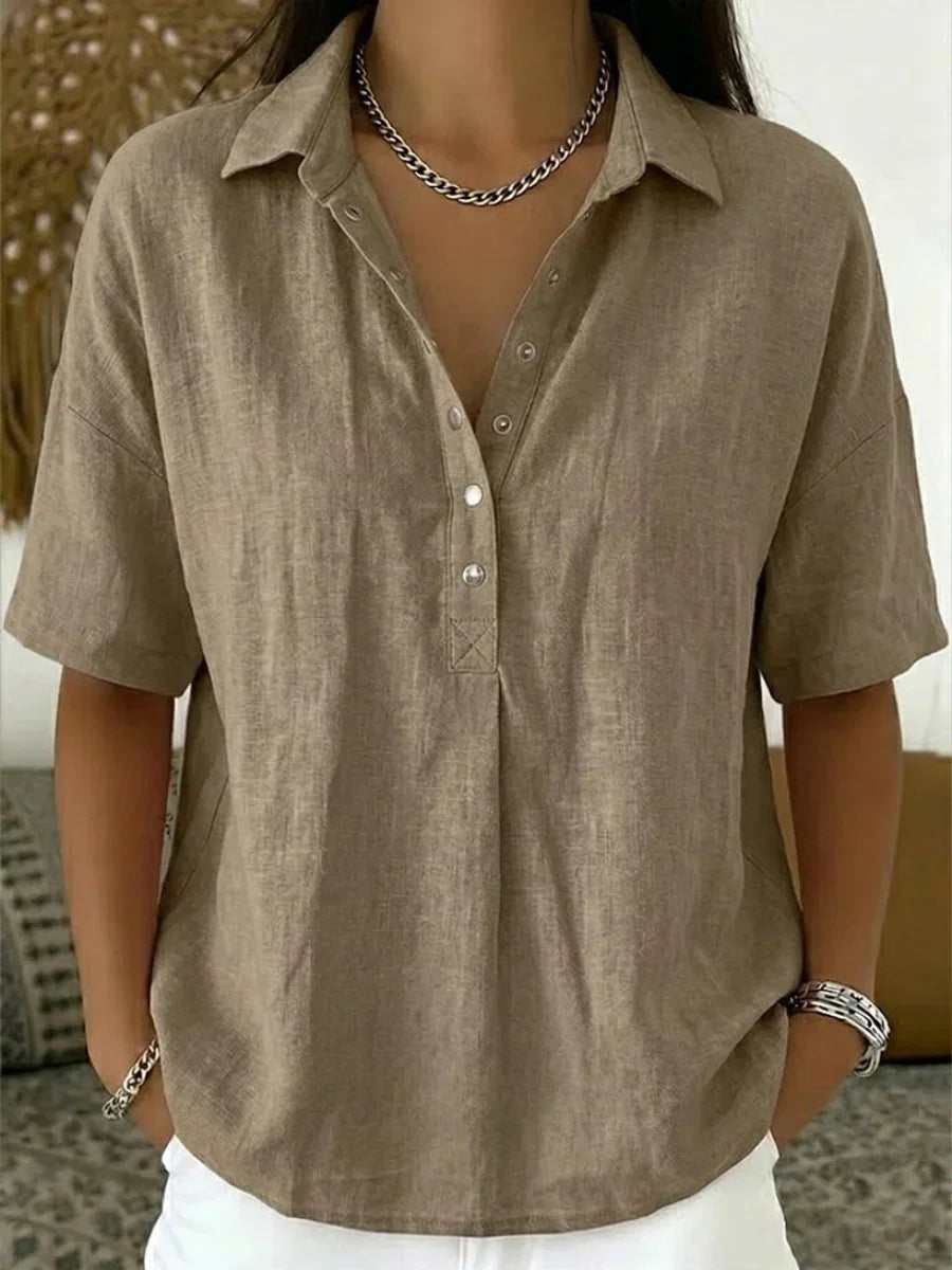 Nuana | Damen Kurzarm-Bluse mit Kragen lockerer Leinen-Look Knopfleiste