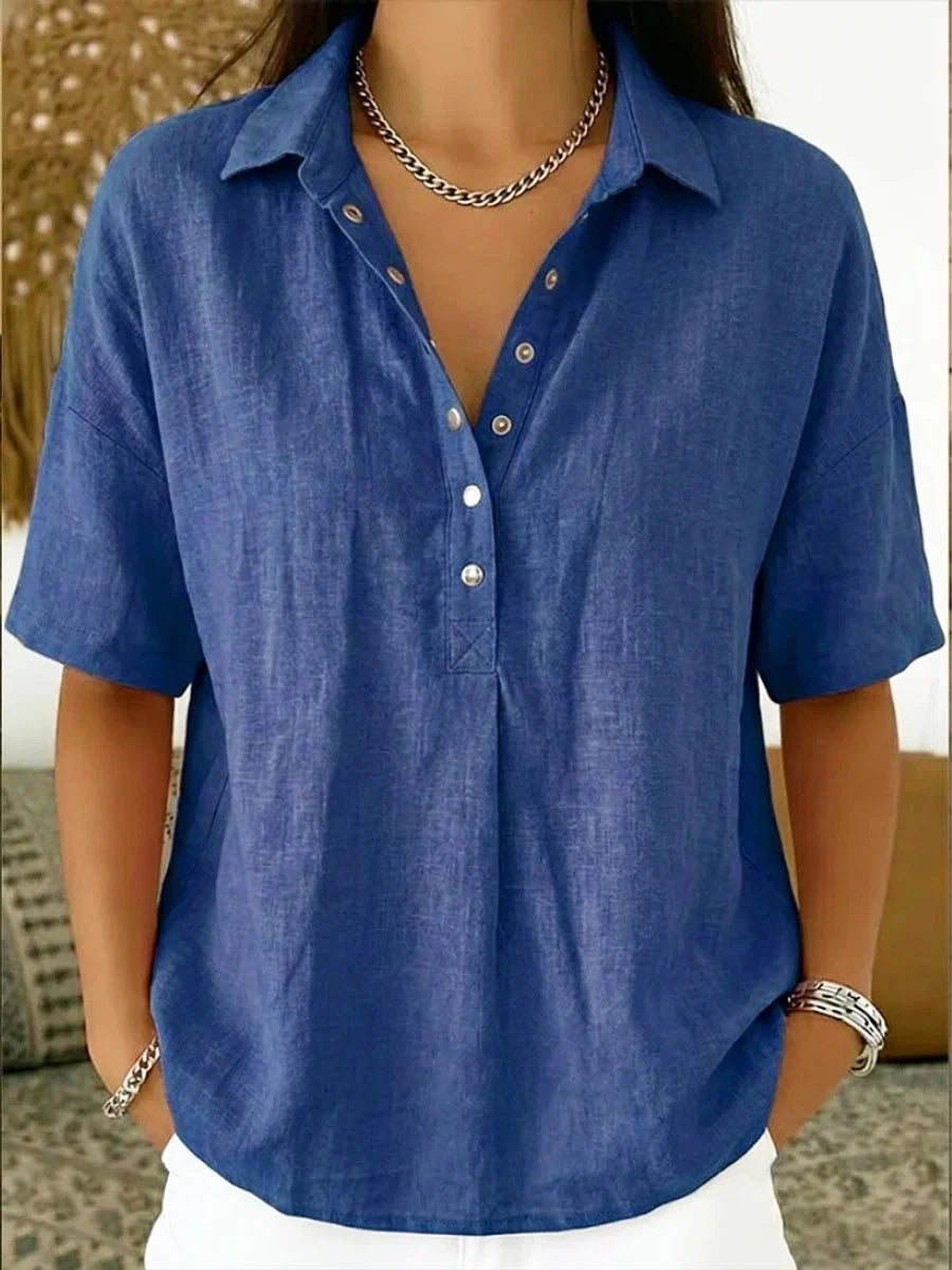 Nuana | Damen Kurzarm-Bluse mit Kragen lockerer Leinen-Look Knopfleiste