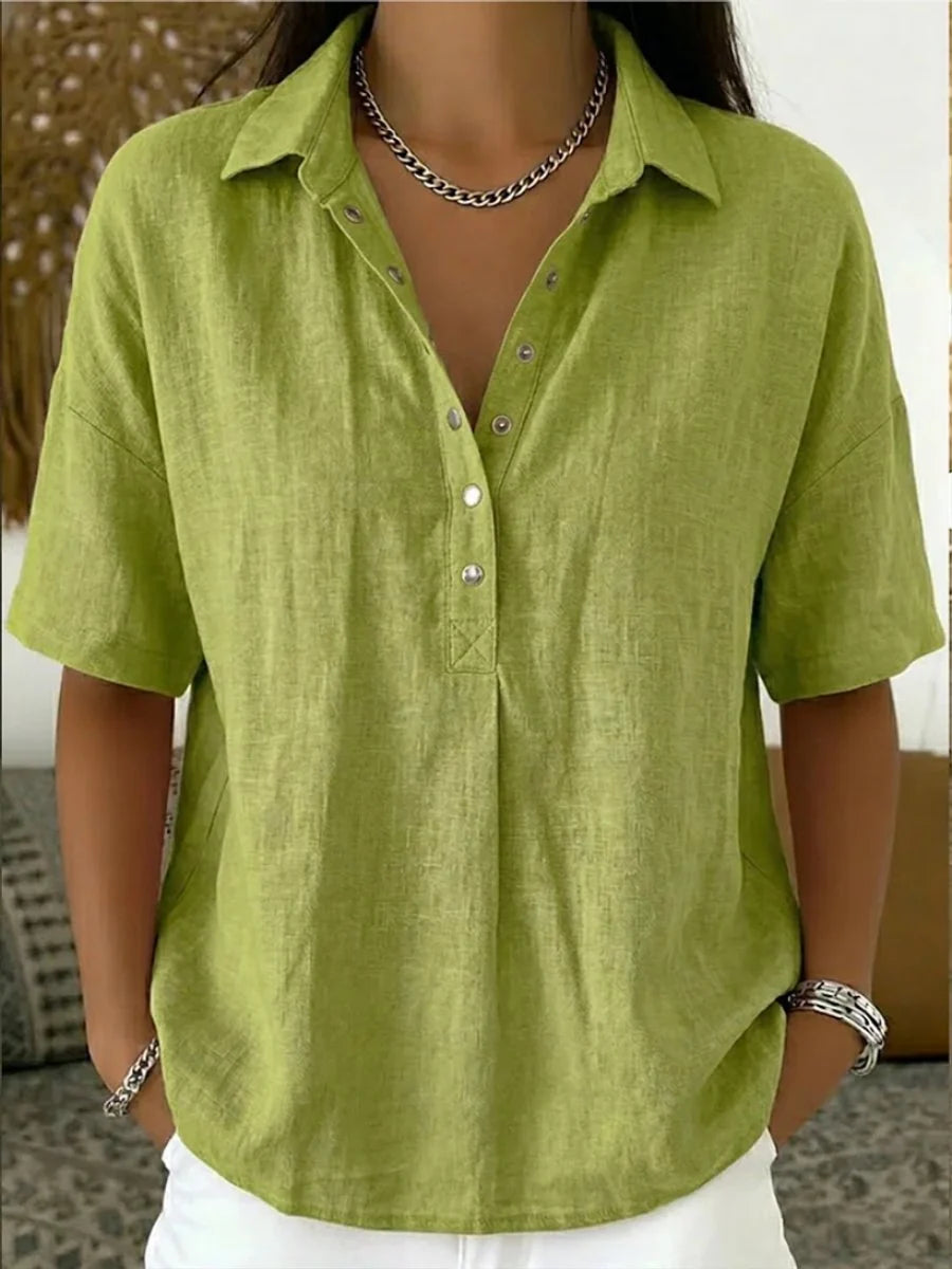 Nuana | Damen Kurzarm-Bluse mit Kragen lockerer Leinen-Look Knopfleiste