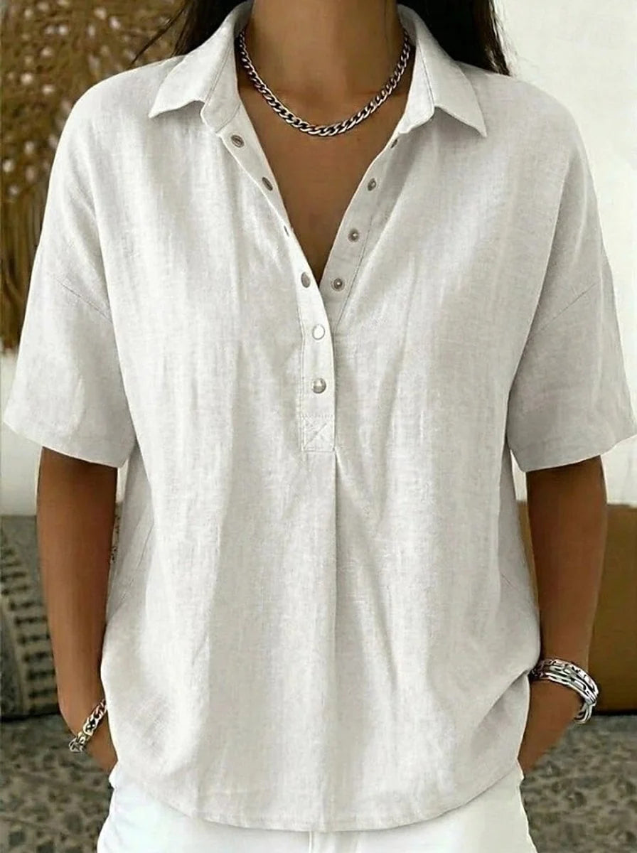 Nuana | Damen Kurzarm-Bluse mit Kragen lockerer Leinen-Look Knopfleiste