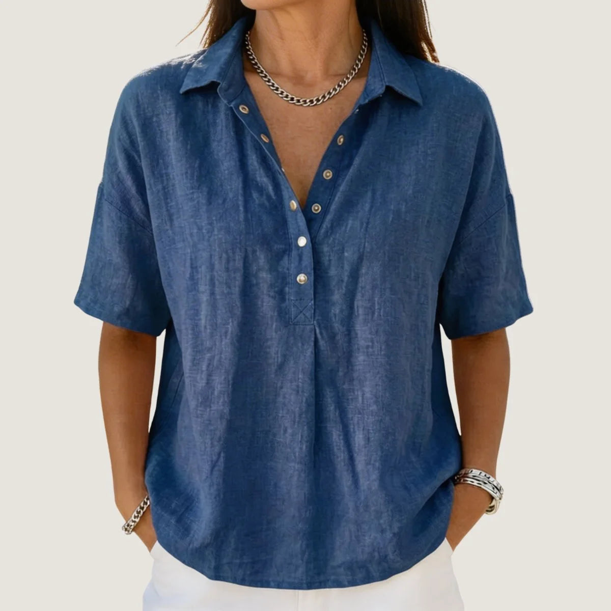 Nuana | Damen Kurzarm-Bluse mit Kragen lockerer Leinen-Look Knopfleiste
