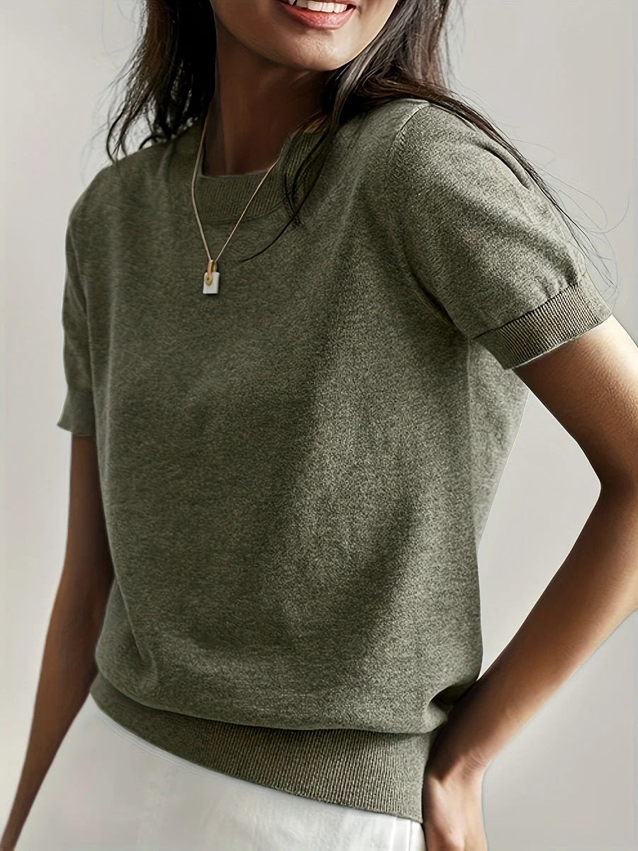 Nuana | Damen Kurzarm Rundhals Knit Sweater Top Lockere Passform