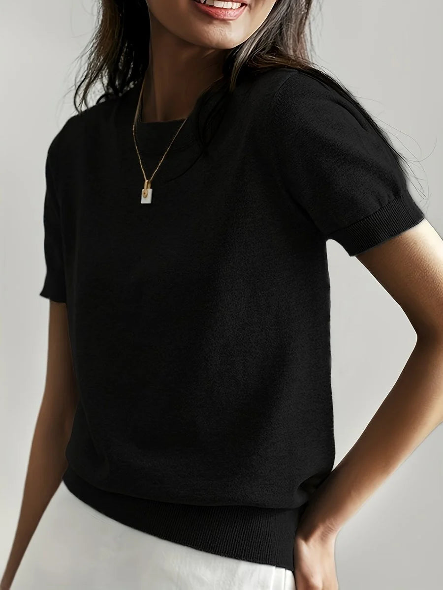 Nuana | Damen Kurzarm Rundhals Knit Sweater Top Lockere Passform