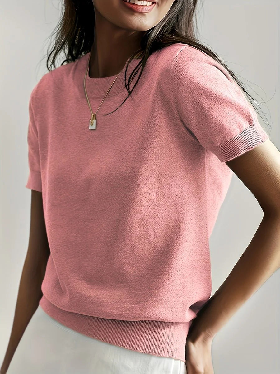 Nuana | Damen Kurzarm Rundhals Knit Sweater Top Lockere Passform
