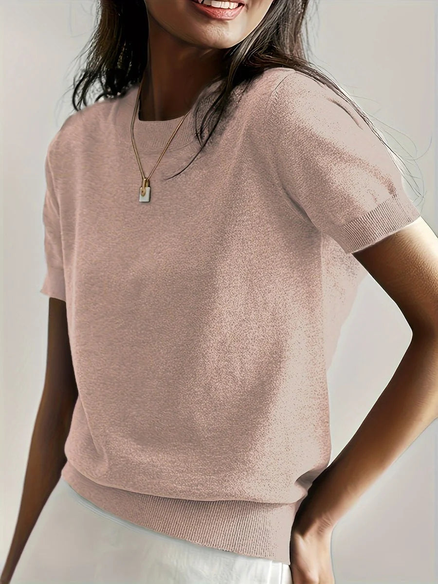 Nuana | Damen Kurzarm Rundhals Knit Sweater Top Lockere Passform