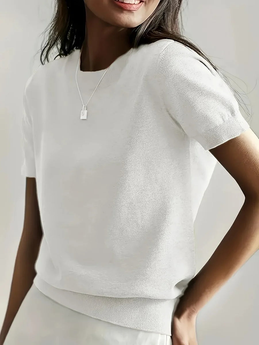 Nuana | Damen Kurzarm Rundhals Knit Sweater Top Lockere Passform