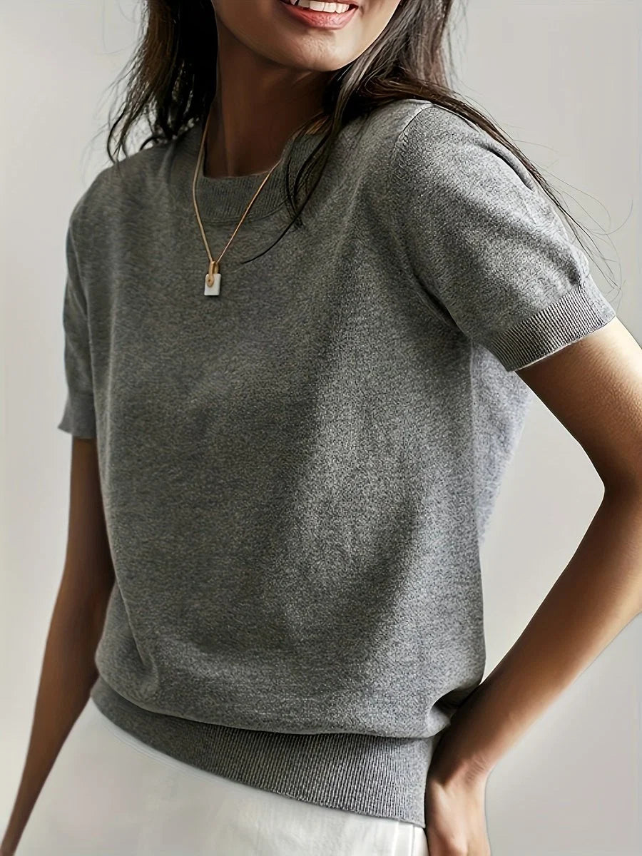 Nuana | Damen Kurzarm Rundhals Knit Sweater Top Lockere Passform