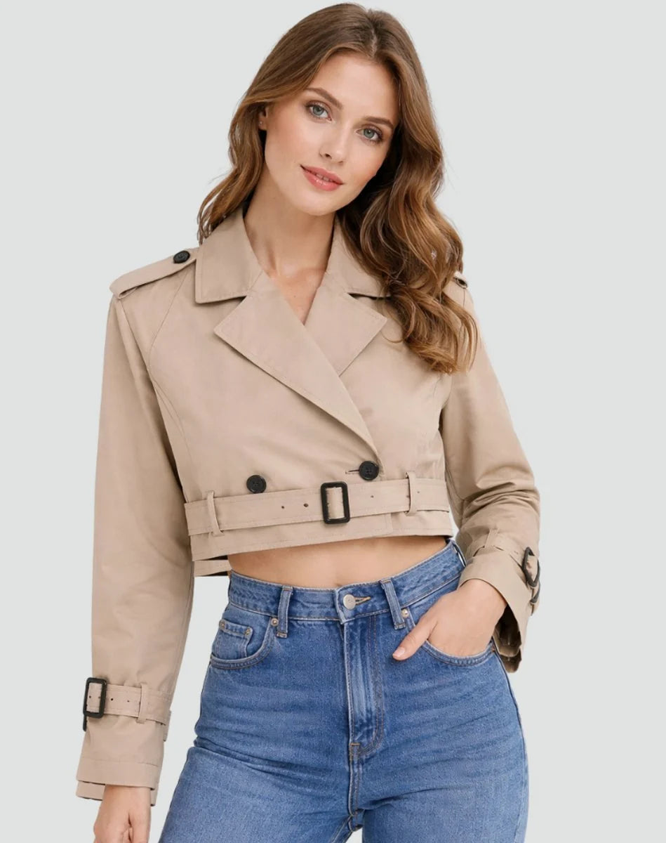 Nuana Damen Kurzer Taillierter Trenchcoat Doppelreihige Gürteljacke
