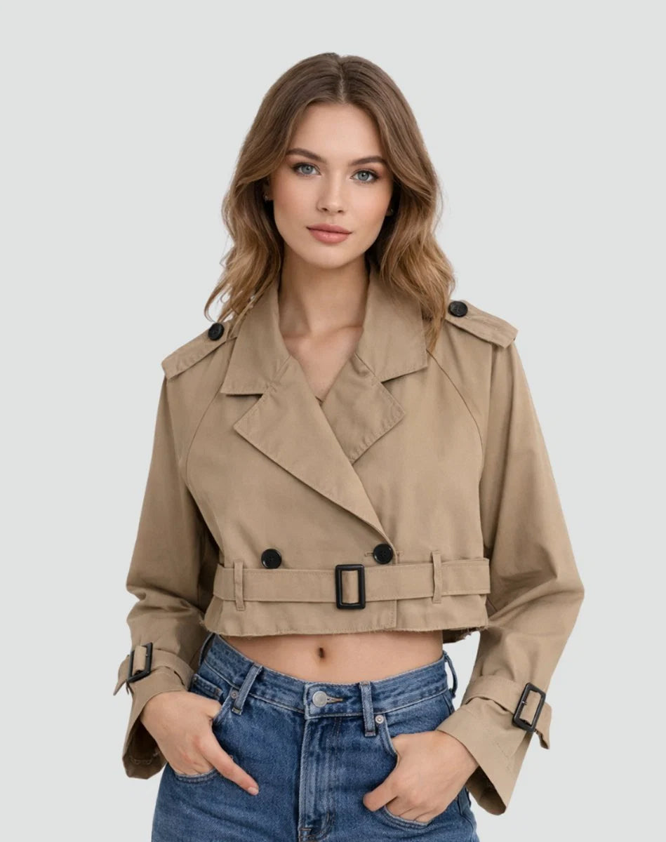 Nuana Damen Kurzer Taillierter Trenchcoat Doppelreihige Gürteljacke