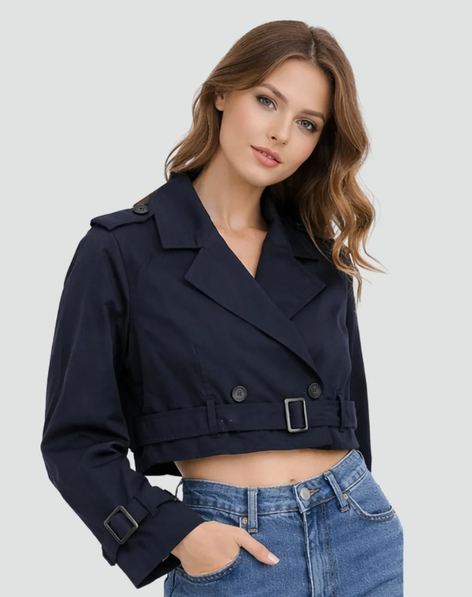 Nuana Damen Kurzer Taillierter Trenchcoat Doppelreihige Gürteljacke