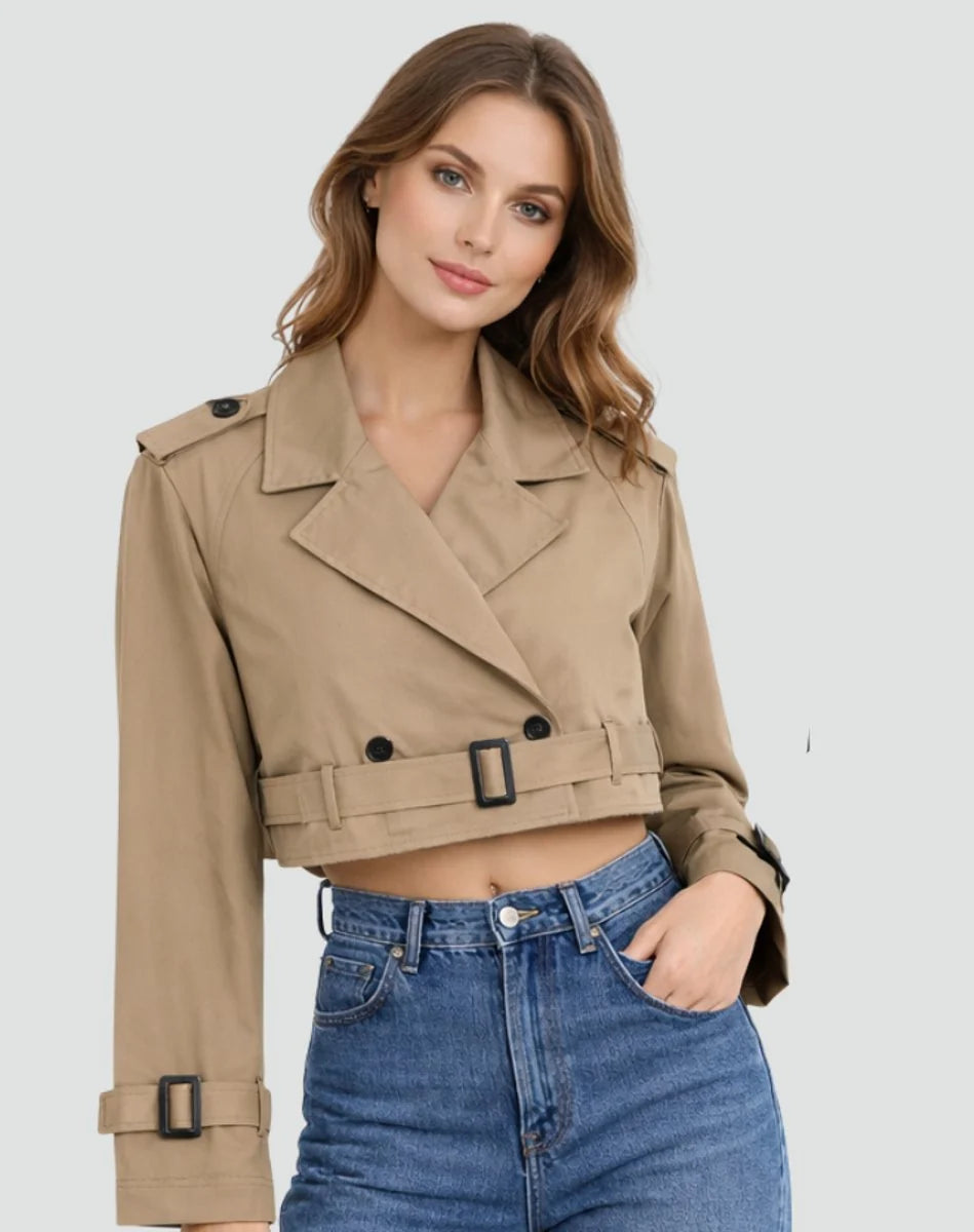 Nuana Damen Kurzer Taillierter Trenchcoat Doppelreihige Gürteljacke