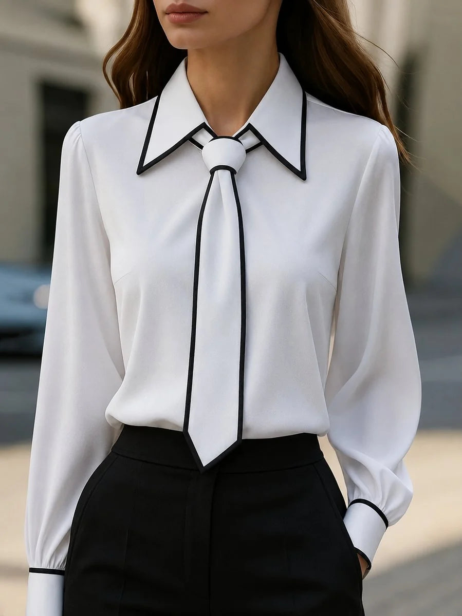 Nuana | Damen Langarm-Bluse mit Krawatten-Detail Kontrastkragen Knopfleiste