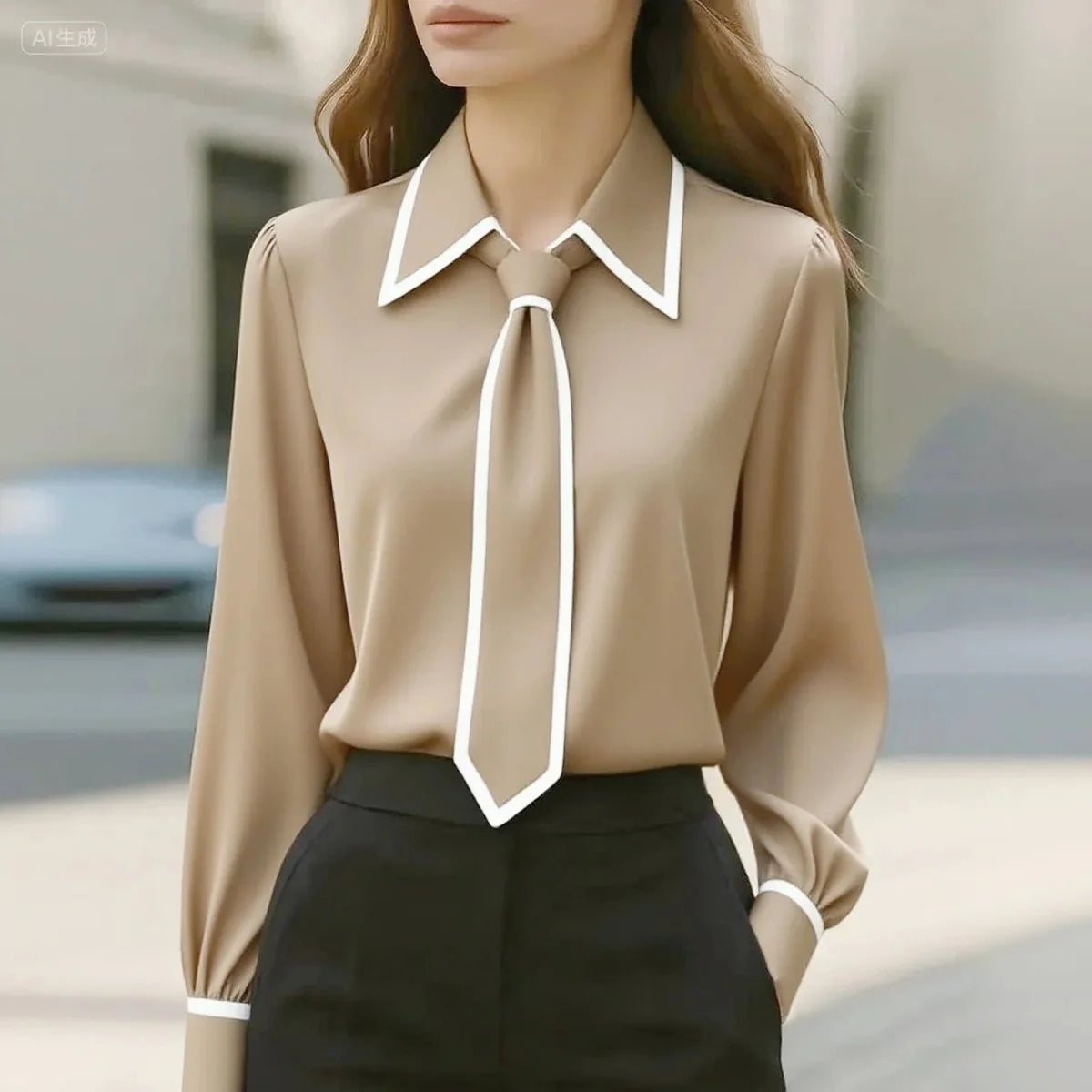 Nuana | Damen Langarm-Bluse mit Krawatten-Detail Kontrastkragen Knopfleiste