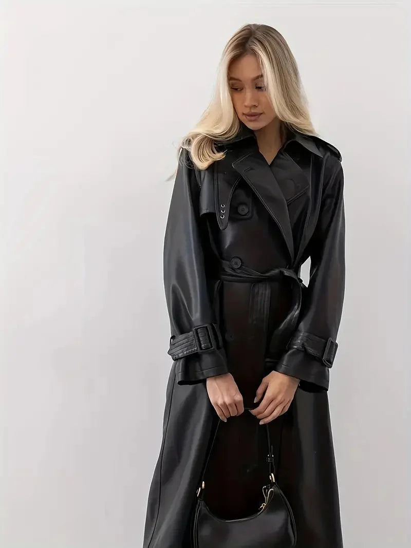 Nuana | Damen Langer Gürtetragender Kunstleder Trenchcoat