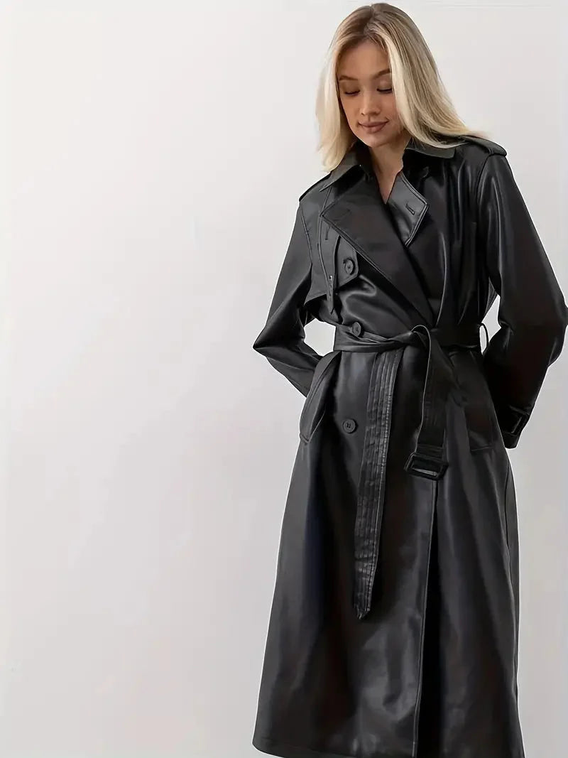 Nuana | Damen Langer Gürtetragender Kunstleder Trenchcoat