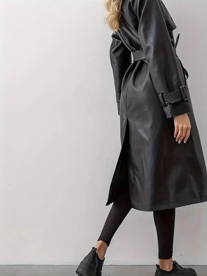 Nuana | Damen Langer Gürtetragender Kunstleder Trenchcoat
