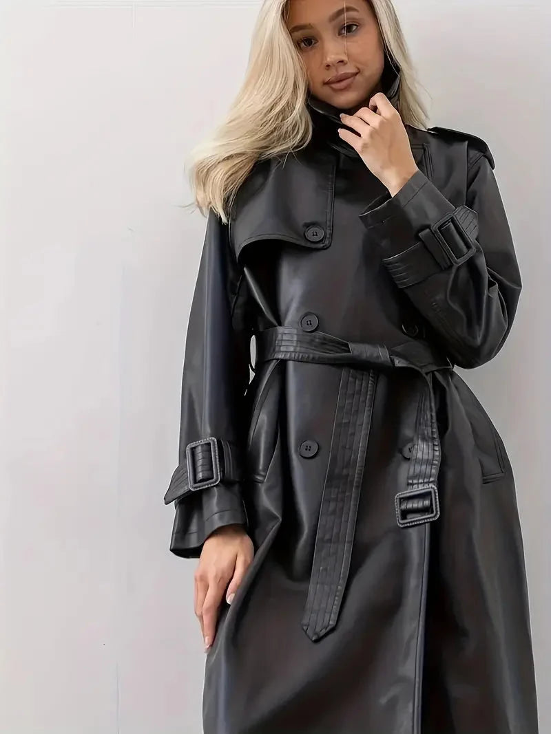 Nuana | Damen Langer Gürtetragender Kunstleder Trenchcoat