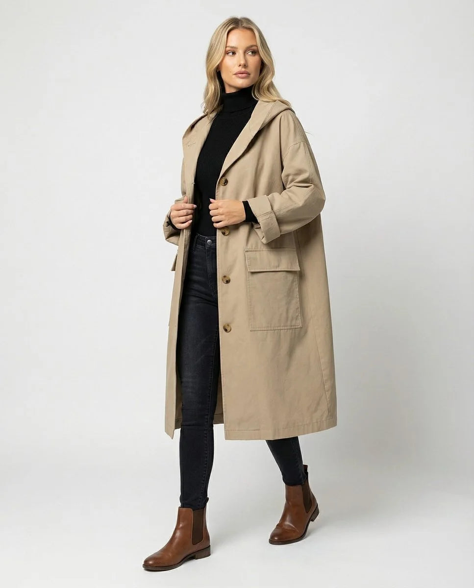 Nuana | Damen Langer Wasserabweisender Windproof Trench Coat mit Kapuze