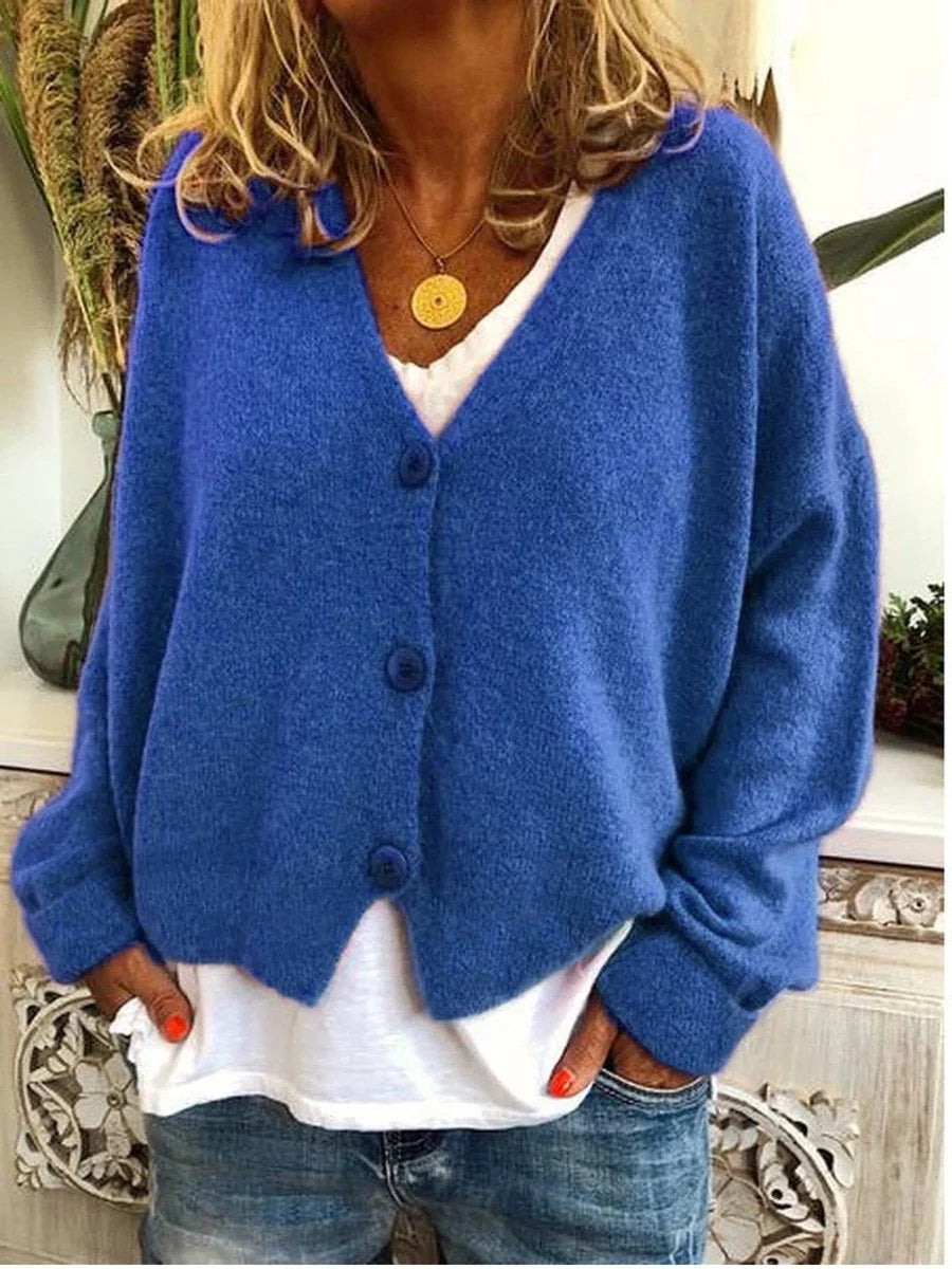 Nuana | Damen Leichter V-Ausschnitt Geknöpfter Oversized Cardigan