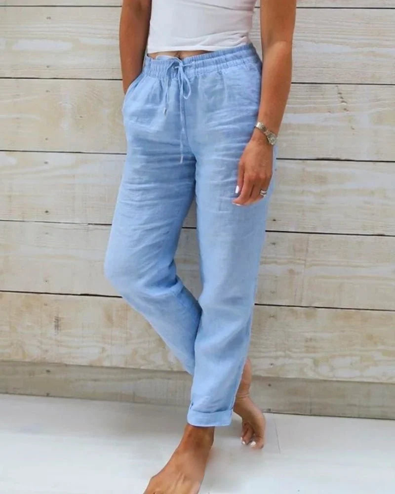 Nuana | Damen Leinen Kordelzug Gummibund Gerade Hose