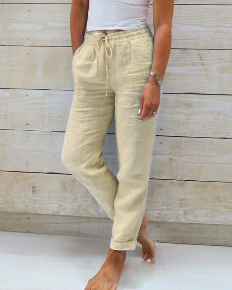 Nuana | Damen Leinen Kordelzug Gummibund Gerade Hose